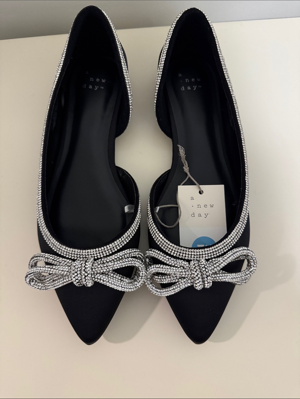 a new day Black Satin Pointed Ballet Flats with Rhinestone Bow Trim